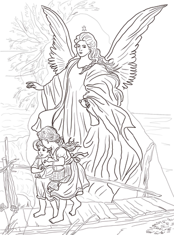 Children Are Protected By Guardian Angel Coloring Page